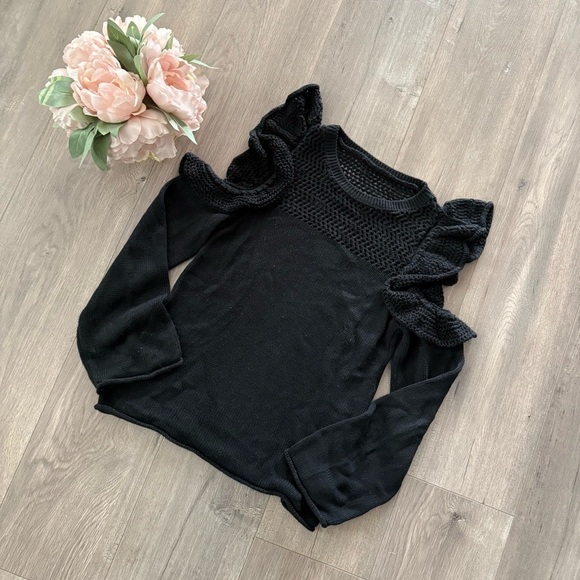 Anthropologie Maeve Black Ruffle Open Shoulder Cold Shoulder Sweater - Picture 2 of 7